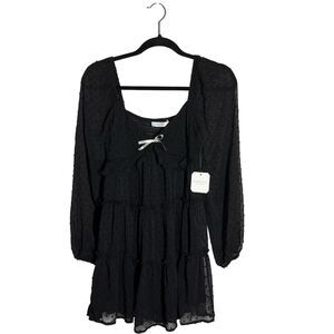 Altar’d State Black Swiss Dot Puff Sleeve Smock Tiered Dress S Fairy Whimsigoth